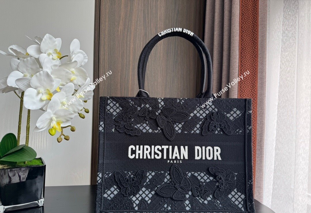 Dior Medium Book Tote Bag in Transparent Mesh Embroidered with Black 3D Macrame-Effect D-Lace Motif 2024 (BF-240118058)