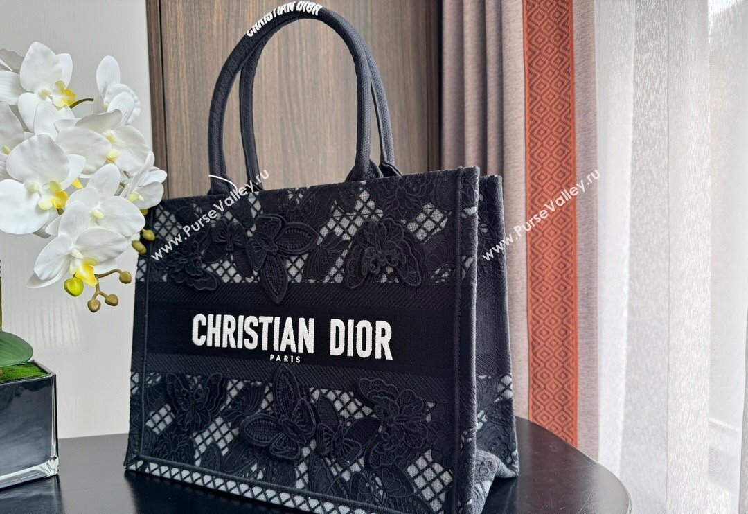 Dior Medium Book Tote Bag in Transparent Mesh Embroidered with Black 3D Macrame-Effect D-Lace Motif 2024 (BF-240118058)