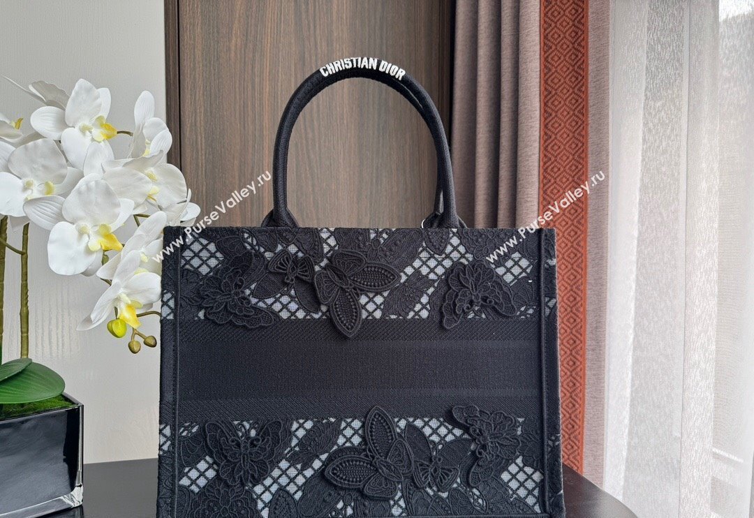 Dior Medium Book Tote Bag in Transparent Mesh Embroidered with Black 3D Macrame-Effect D-Lace Motif 2024 (BF-240118058)