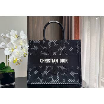 Dior Large Book Tote Bag in Transparent Mesh Embroidered with Black 3D Macrame-Effect D-Lace Motif 2024 (XXG-240118059)