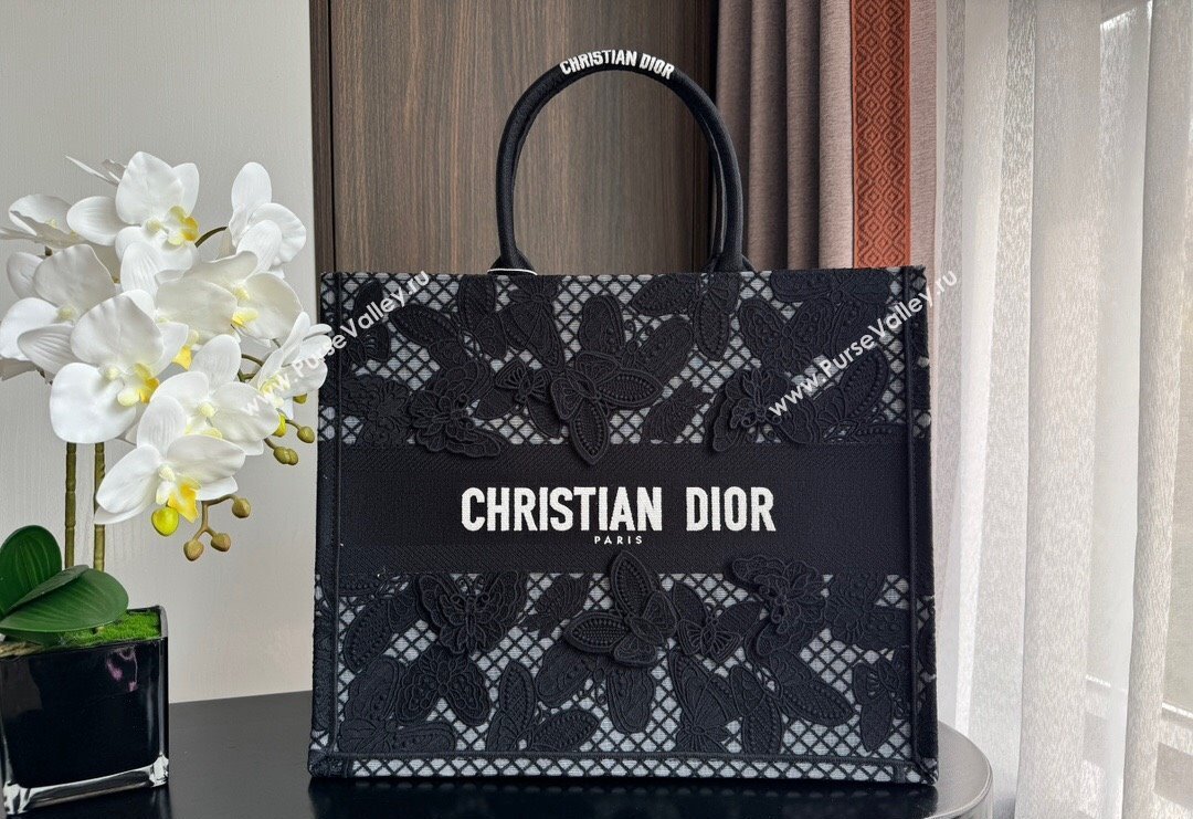 Dior Large Book Tote Bag in Transparent Mesh Embroidered with Black 3D Macrame-Effect D-Lace Motif 2024 (XXG-240118059)