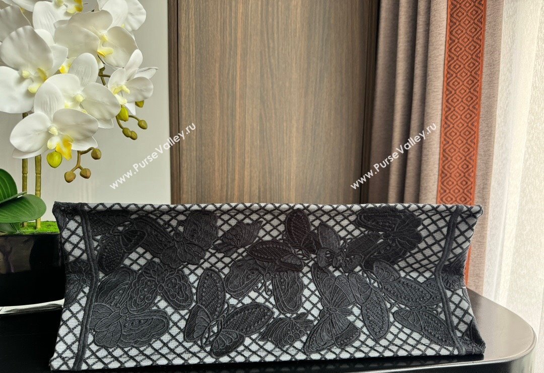 Dior Large Book Tote Bag in Transparent Mesh Embroidered with Black 3D Macrame-Effect D-Lace Motif 2024 (XXG-240118059)