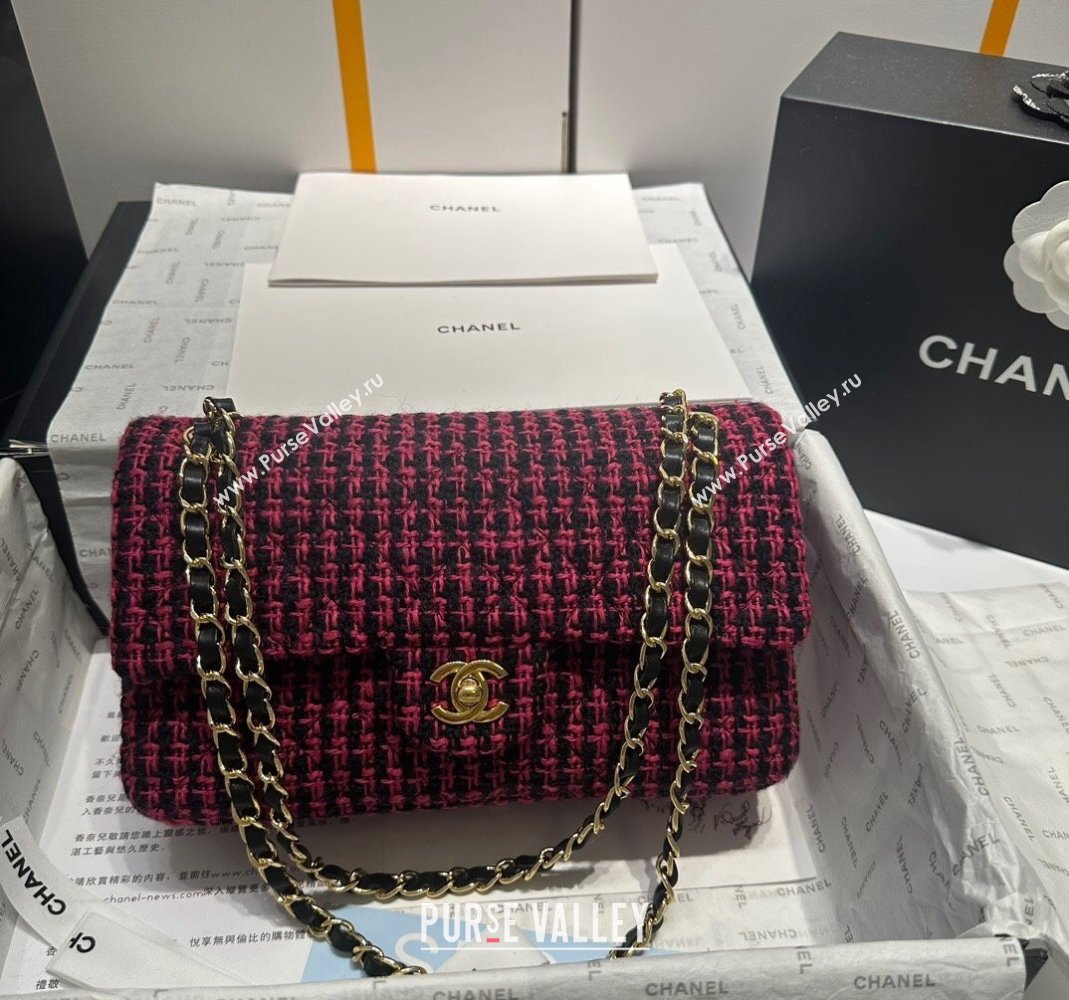 Chanel Classic Tweed Medium Flap Bag A01112 Fuchsia Pink/Black 2024 0116 (yezi-240116028)