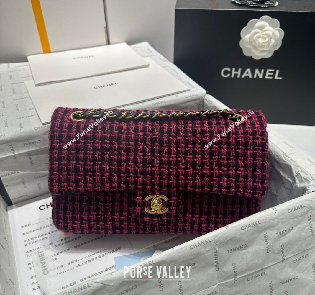 Chanel Classic Tweed Medium Flap Bag A01112 Fuchsia Pink/Black 2024 0116 (yezi-240116028)