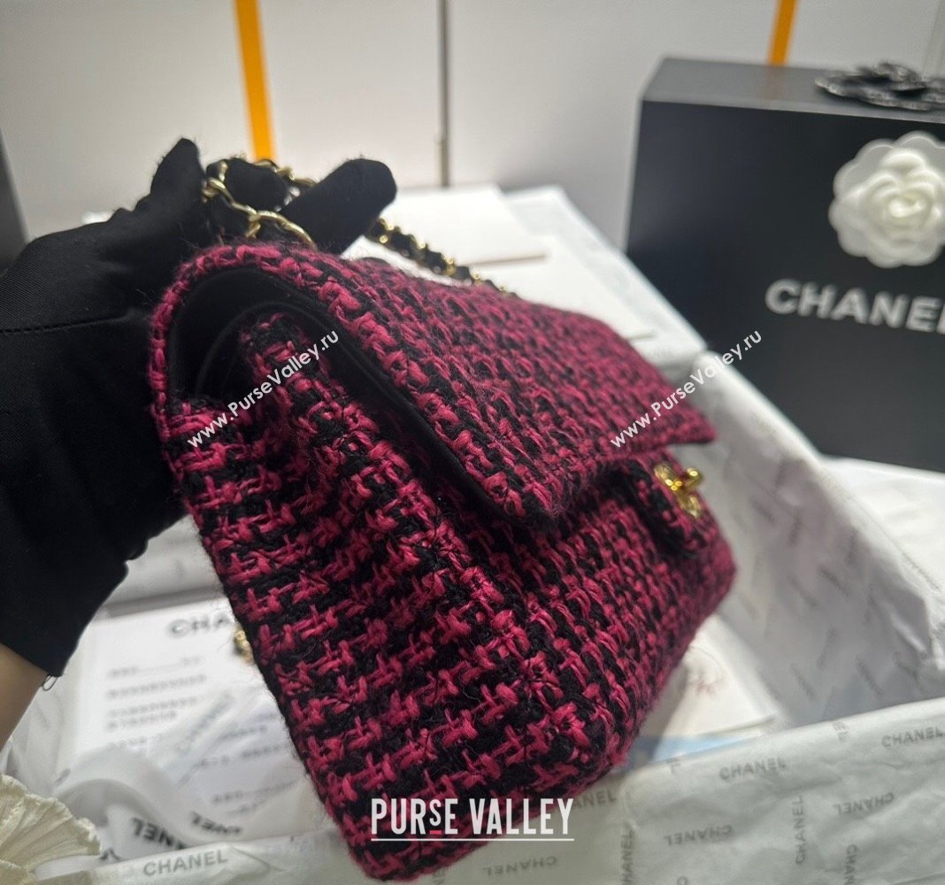 Chanel Classic Tweed Medium Flap Bag A01112 Fuchsia Pink/Black 2024 0116 (yezi-240116028)