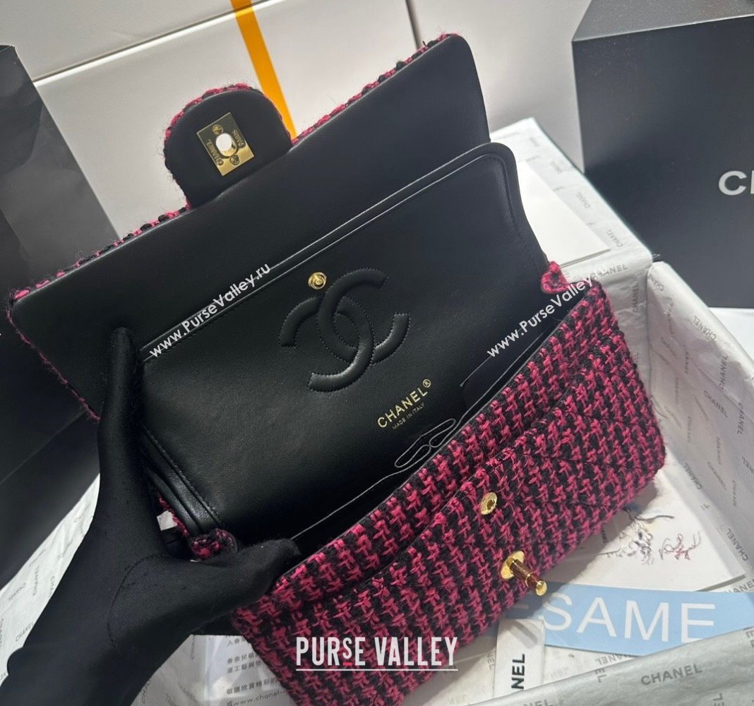 Chanel Classic Tweed Medium Flap Bag A01112 Fuchsia Pink/Black 2024 0116 (yezi-240116028)