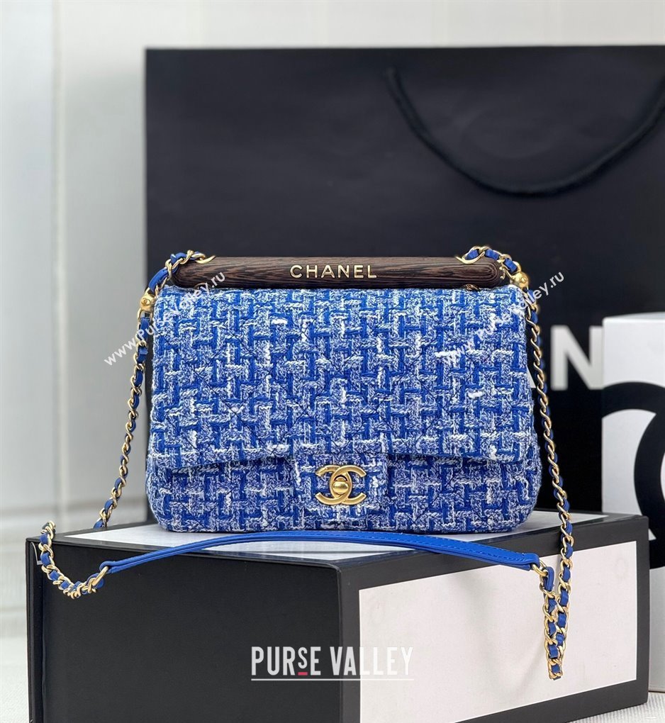 Chanel Tweed Small Flap Bag with Wood Handle AS4151 Blue 2024 (yezi-240116003)