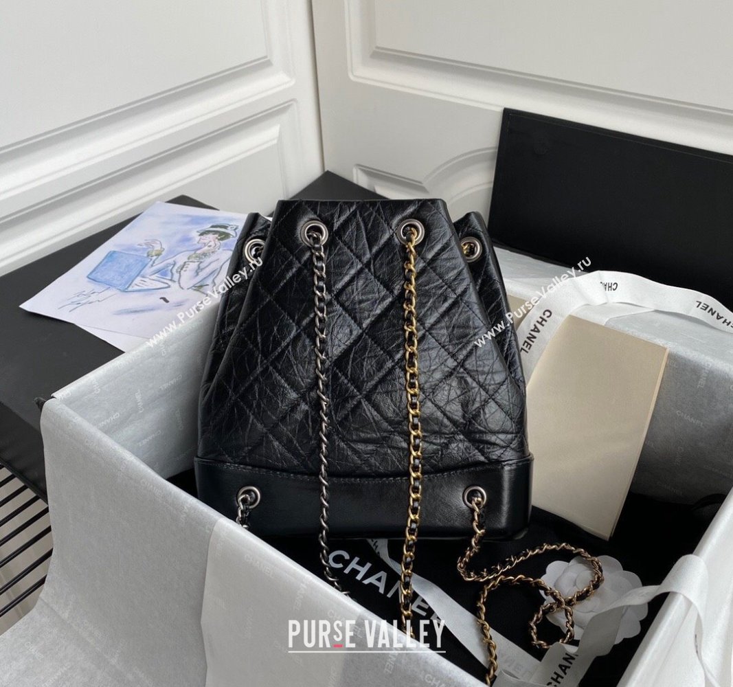 Chanel GABRIELLE Aged Calfskin Bucket Bag Black 2024 A94485 (yezi-240116041)