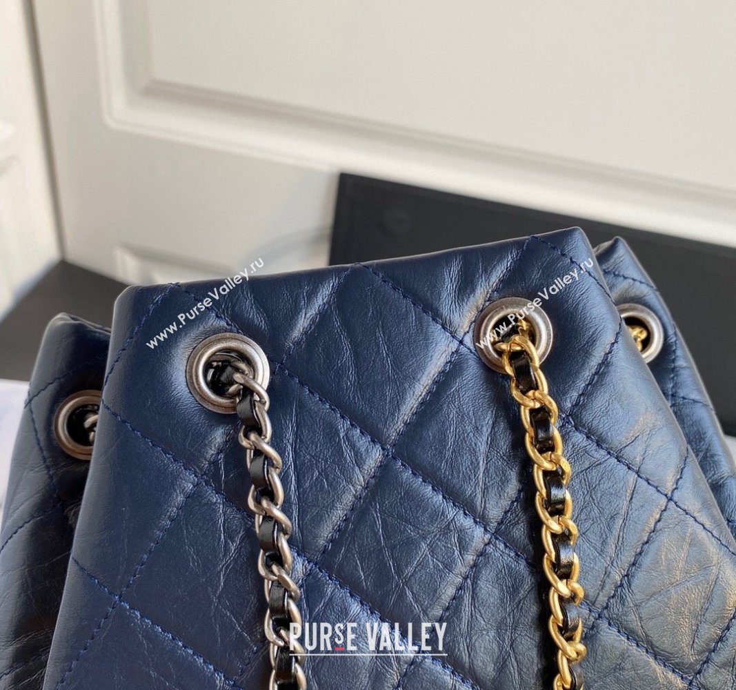 Chanel GABRIELLE Aged Calfskin Bucket Bag Navy Blue 2024 A94485 (yezi-240116043)