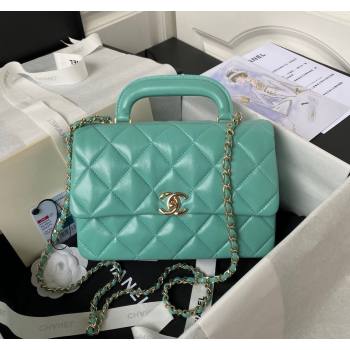 Chanel Shiny Calfskin Medium Flap Bag with Top handle AS4544 Light Green 2023 (yezi-240117004)