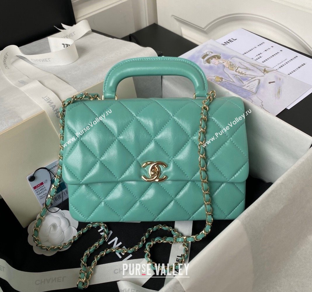 Chanel Shiny Calfskin Medium Flap Bag with Top handle AS4544 Light Green 2023 (yezi-240117004)