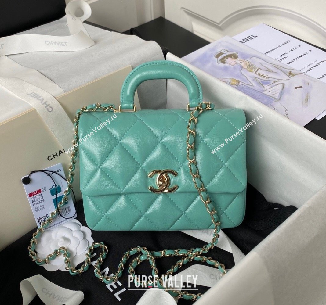 Chanel Shiny Calfskin Small Flap Bag with Top handle AS4543 Light Green 2023 (yezi-240117005)