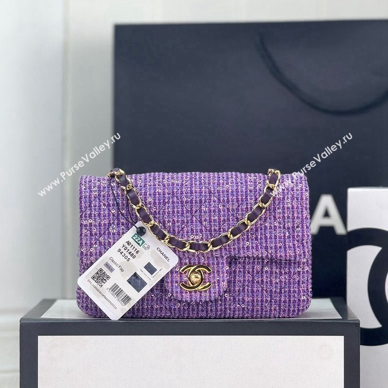 Chanel Classic Tweed Mini Flap Bag with Sequins A69900 Purple 2024 0116 (yezi-240116031)