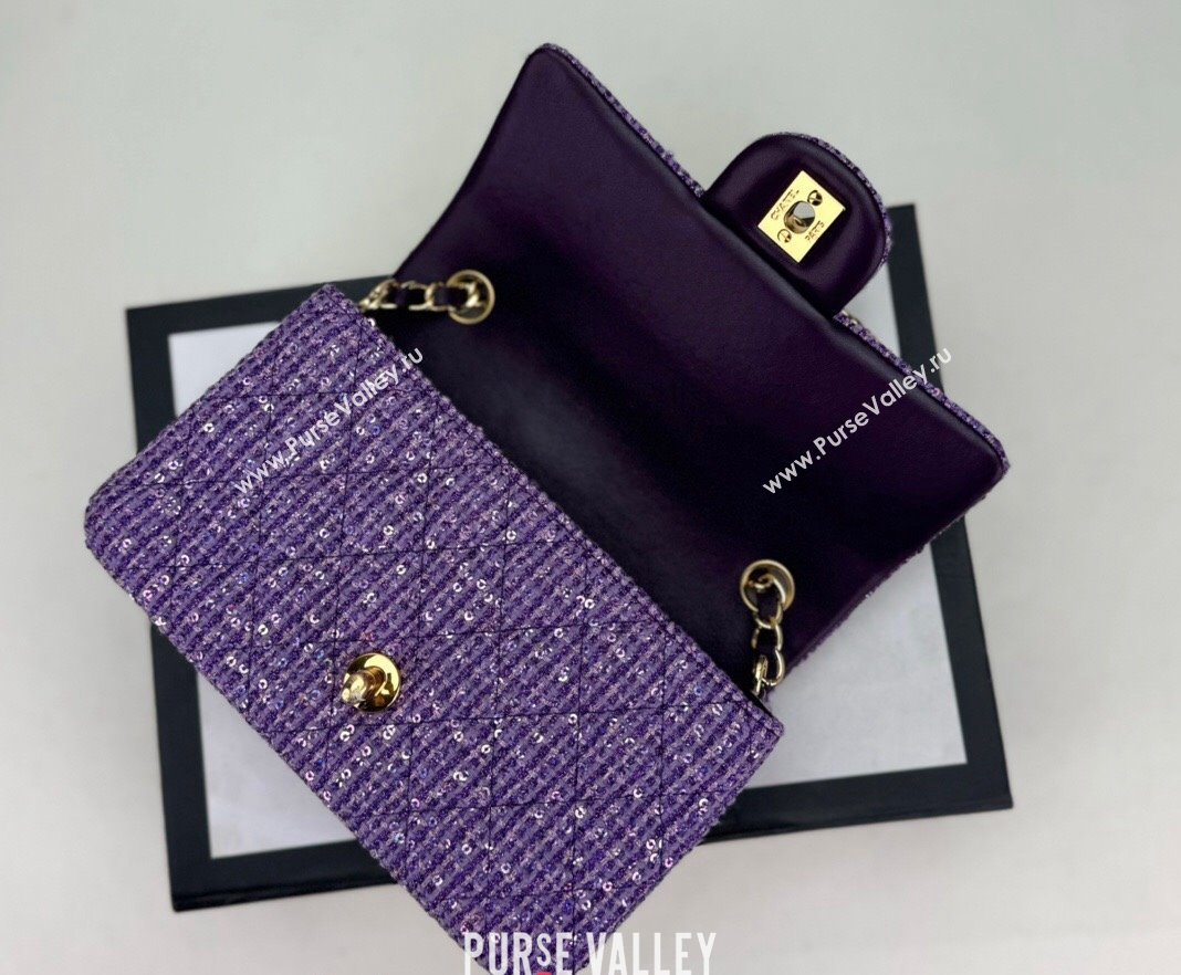 Chanel Classic Tweed Mini Flap Bag with Sequins A69900 Purple 2024 0116 (yezi-240116031)