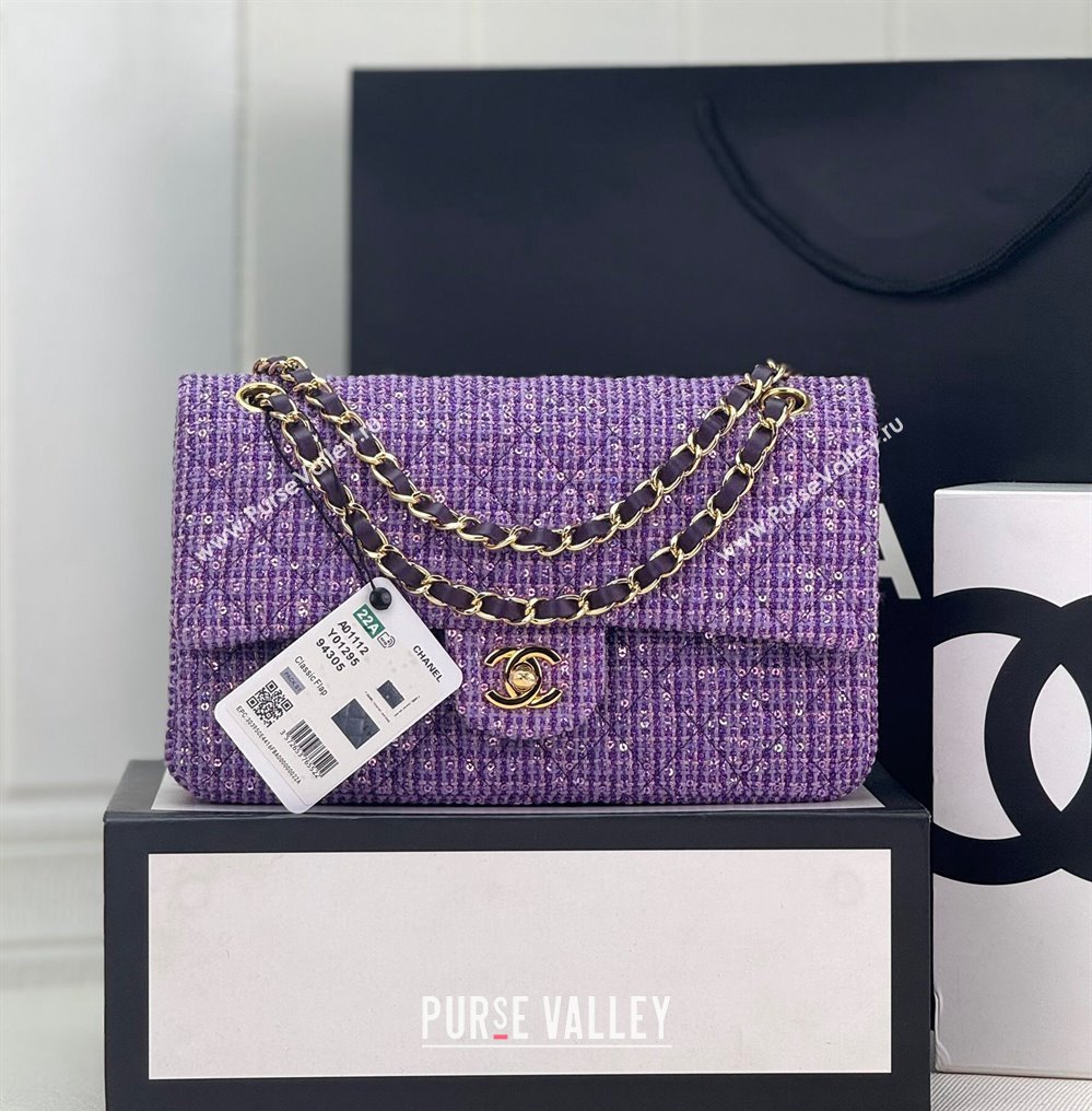 Chanel Classic Tweed Mini Flap Bag with Sequins A01112 Purple 2024 0116 (yezi-240116032)