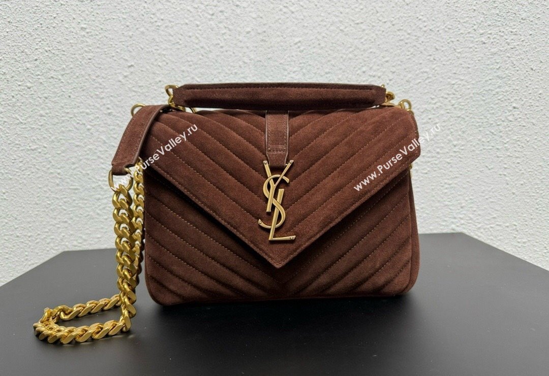 Saint Laurent College Medium Chain Bag in Quilted Suede 487213 Dark Brown 2024 (YY-240118088)