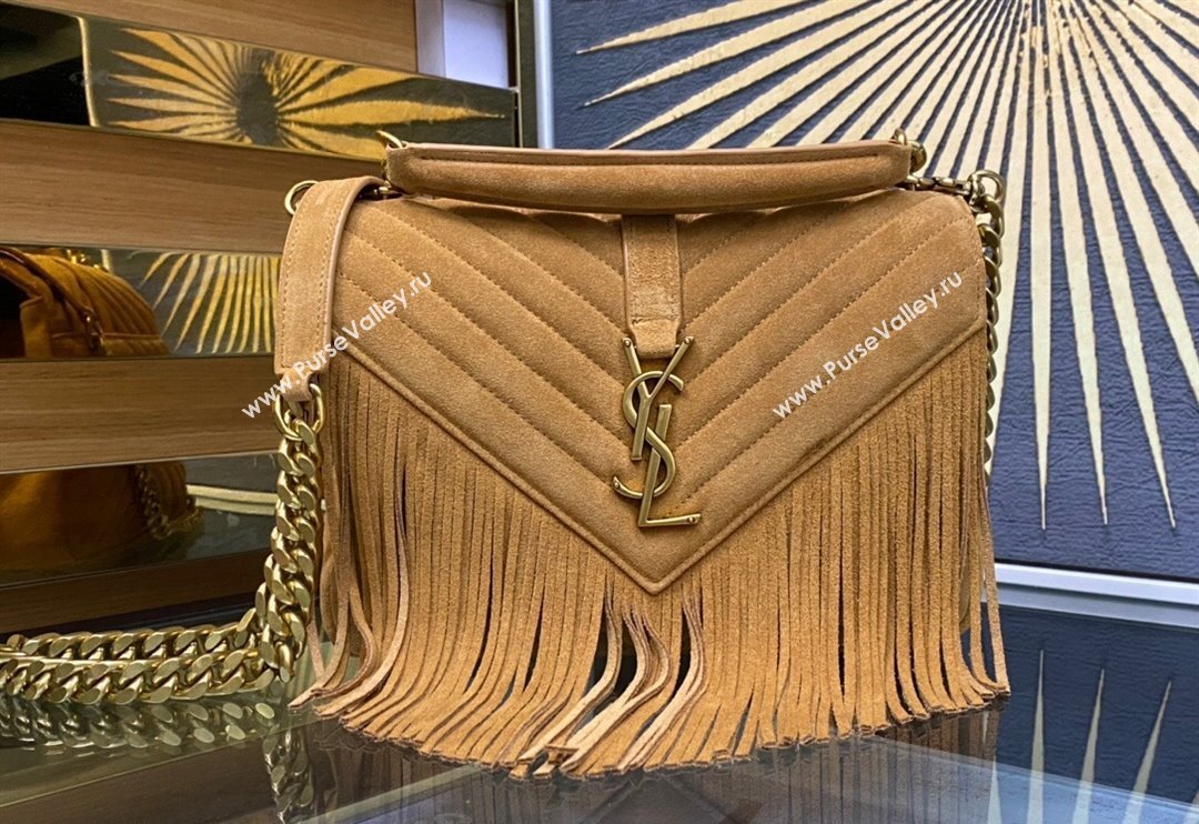 Saint Laurent College Suede Medium Chain Bag with Fringe 487213 Camel Brown 2024 (YY-240118096)