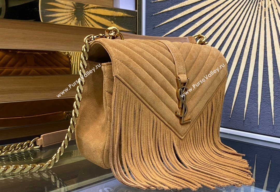 Saint Laurent College Suede Medium Chain Bag with Fringe 487213 Camel Brown 2024 (YY-240118096)