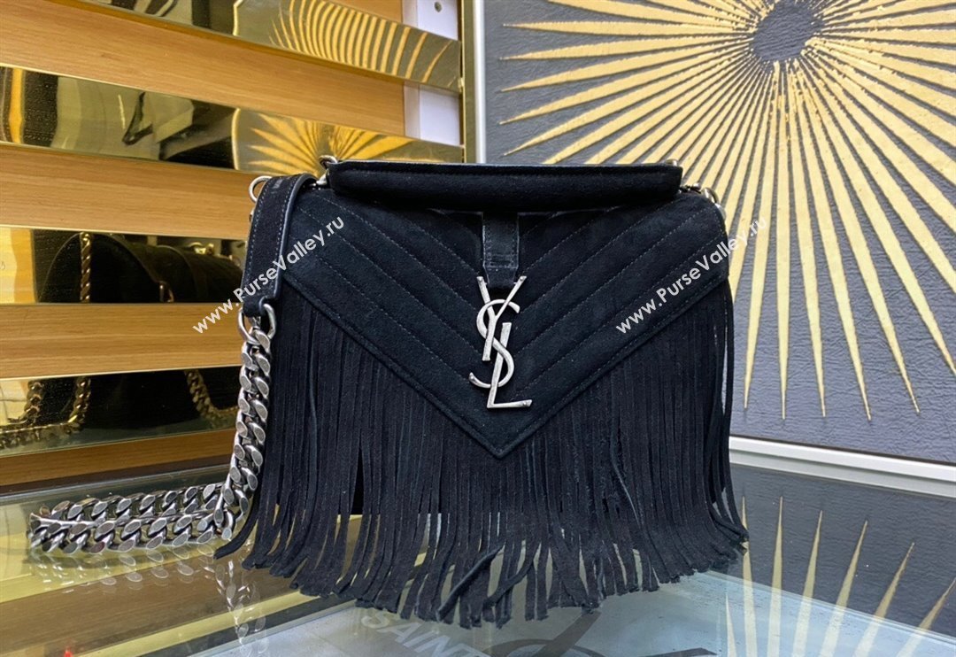 Saint Laurent College Suede Medium Chain Bag with Fringe 487213 Black 2024 (YY-240118097)