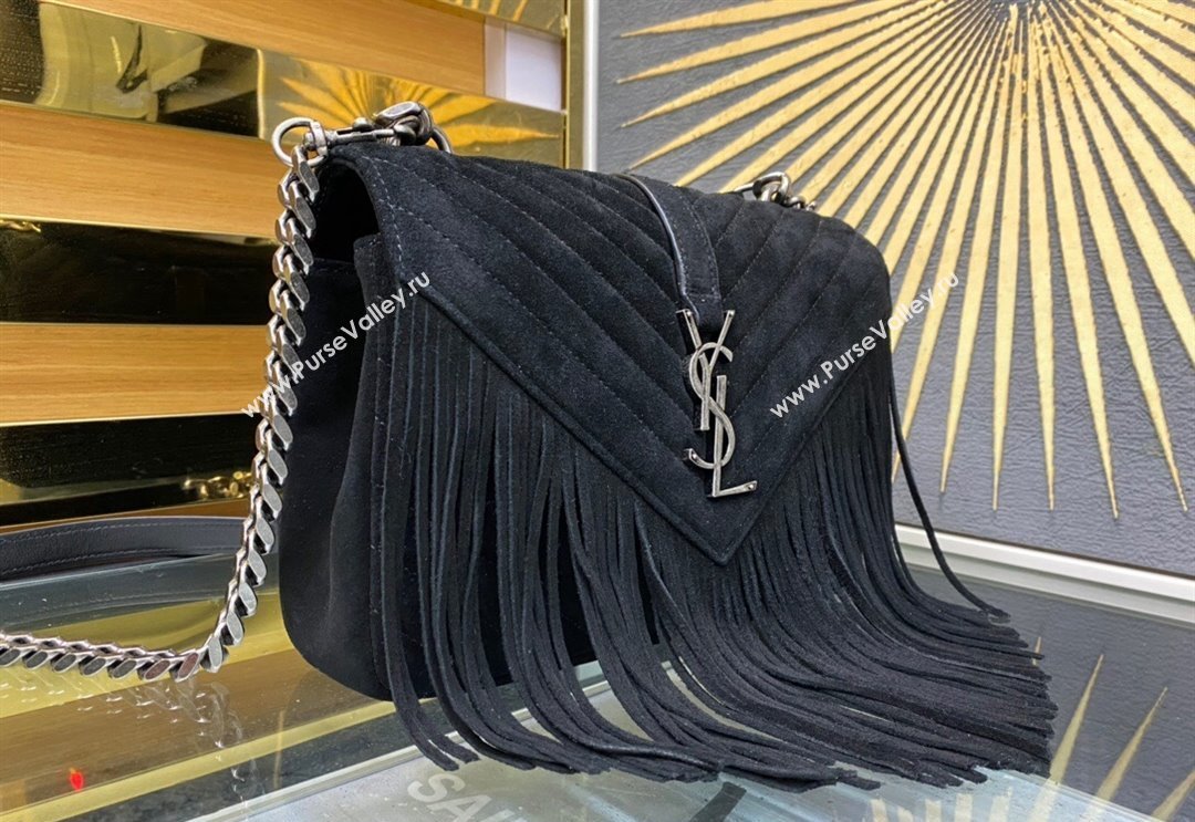 Saint Laurent College Suede Medium Chain Bag with Fringe 487213 Black 2024 (YY-240118097)