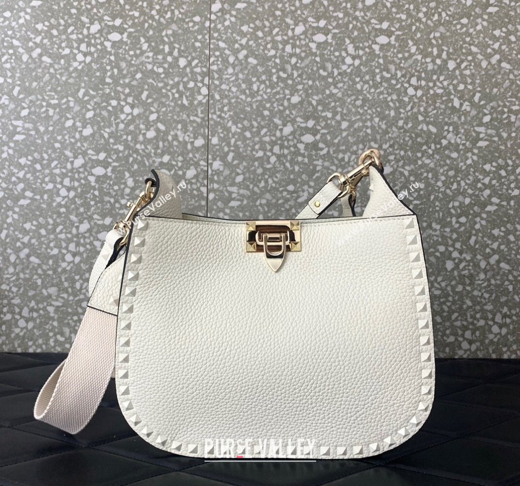 Valentino Rockstud Grainy Calfskin Hobo bag White 2024 VLTN0042 (LN-240119051)