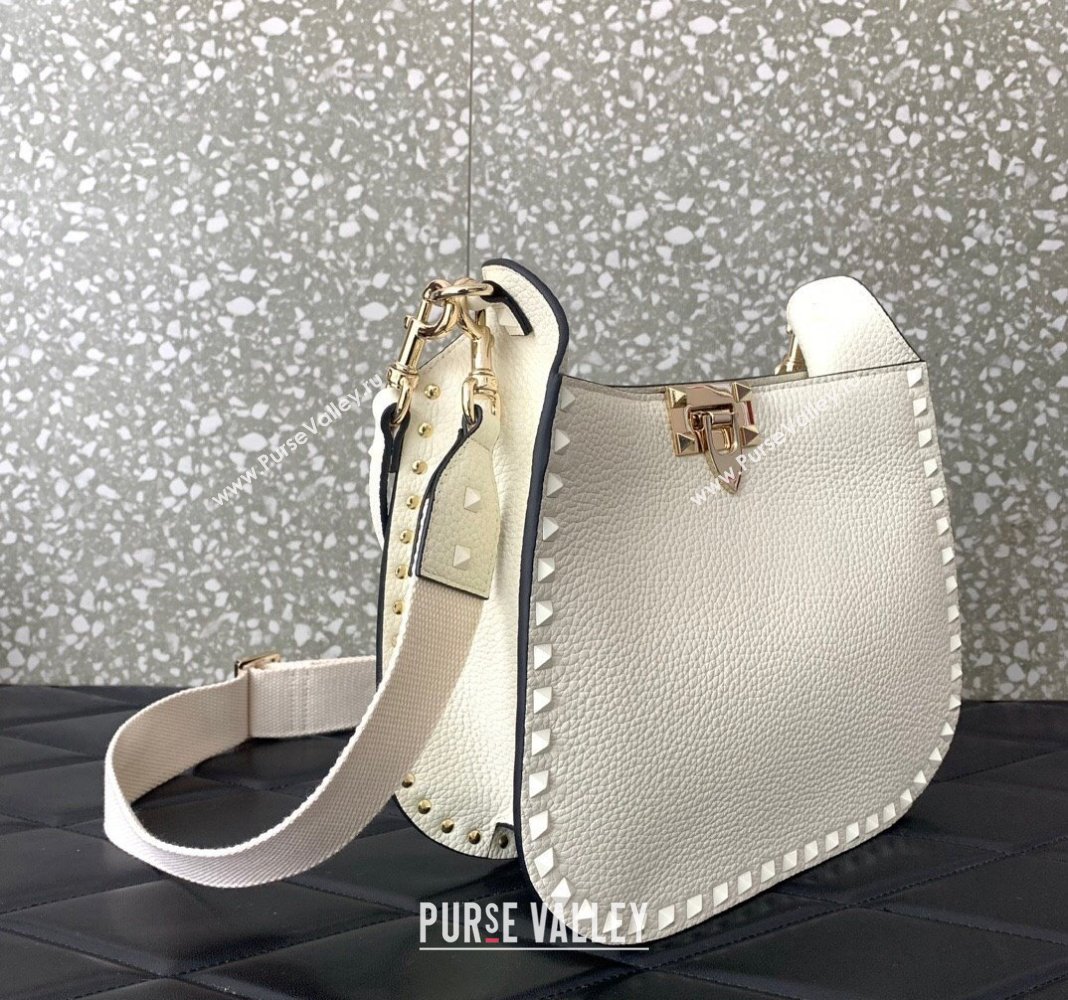 Valentino Rockstud Grainy Calfskin Hobo bag White 2024 VLTN0042 (LN-240119051)