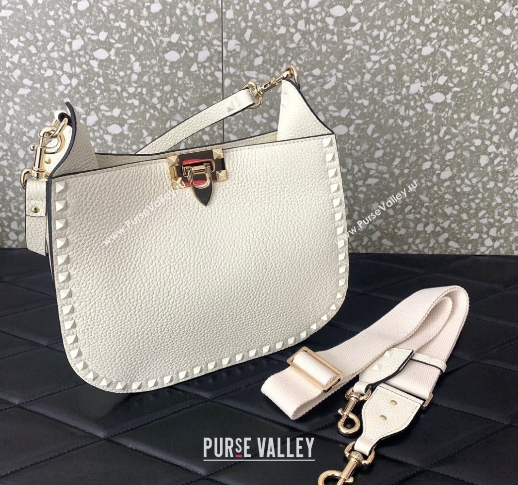 Valentino Rockstud Grainy Calfskin Hobo bag White 2024 VLTN0042 (LN-240119051)