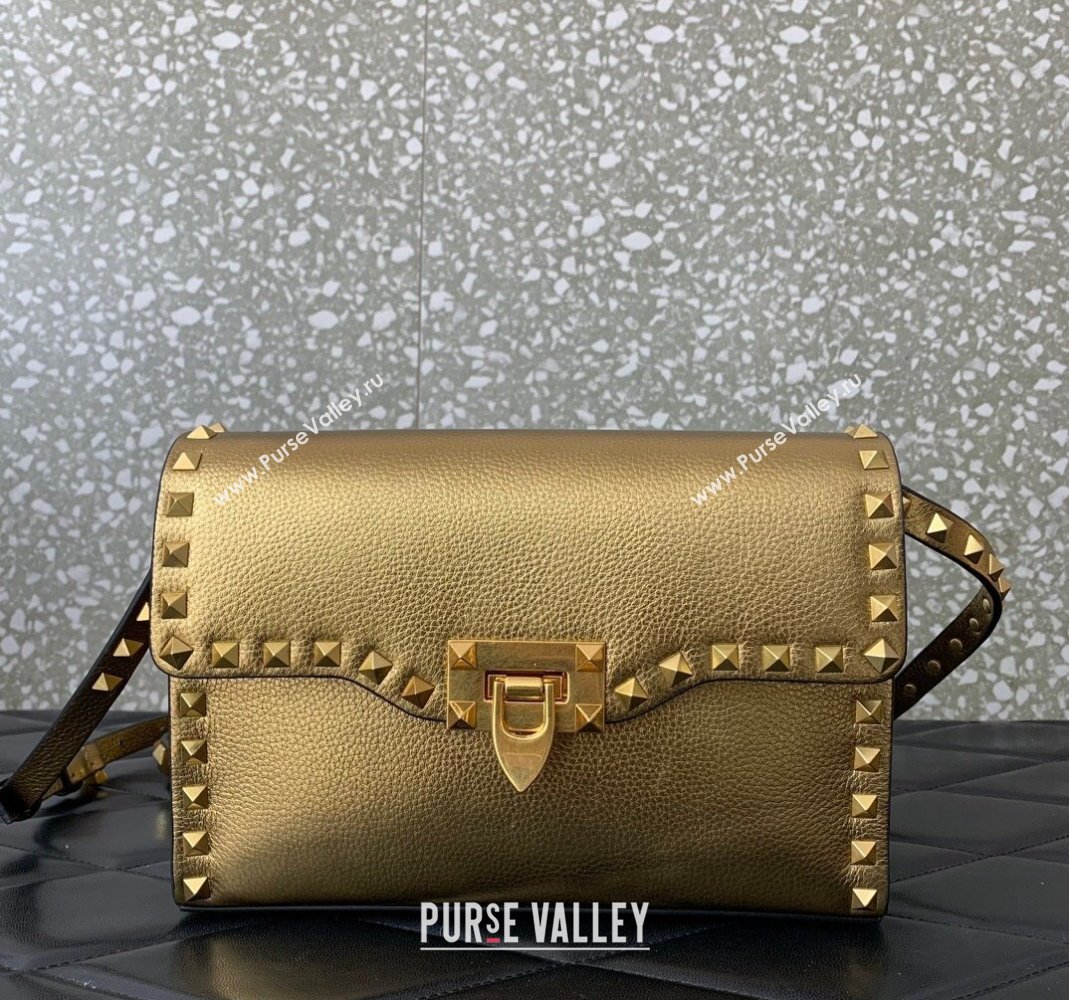 Valentino Small Rockstud Metallic Grainy Calfskin Crossbody bag Gold 2024 VLTN0322 (LN-240119053)