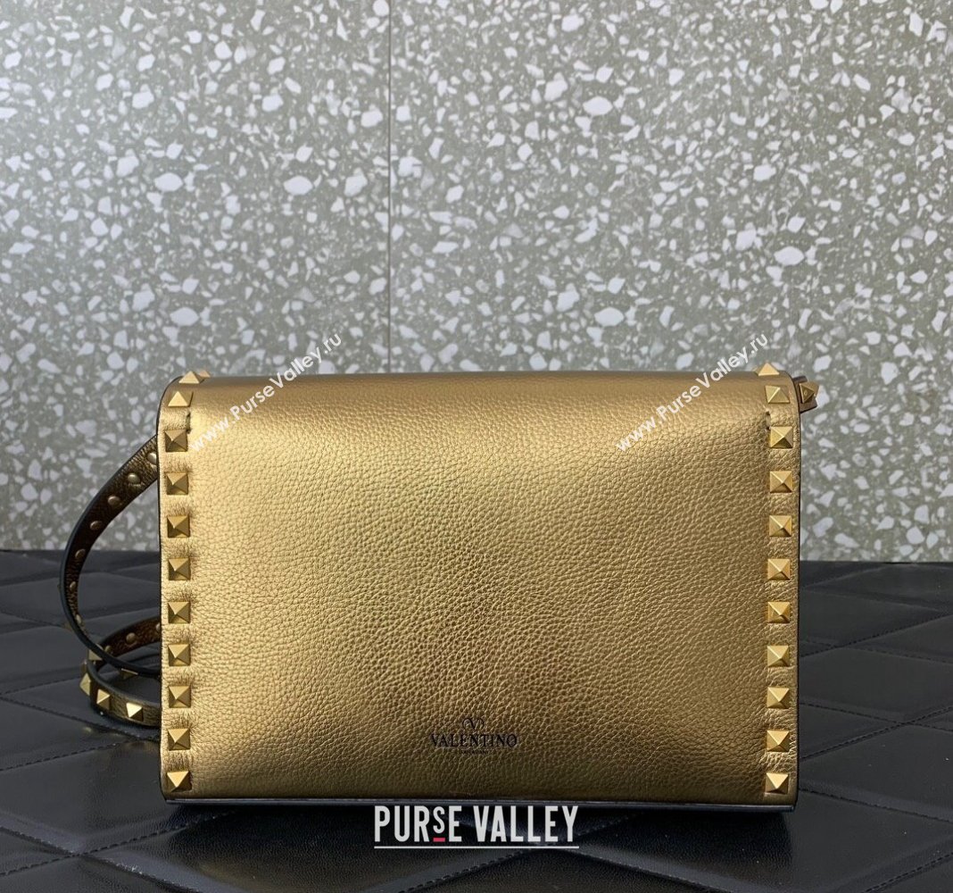 Valentino Small Rockstud Metallic Grainy Calfskin Crossbody bag Gold 2024 VLTN0322 (LN-240119053)