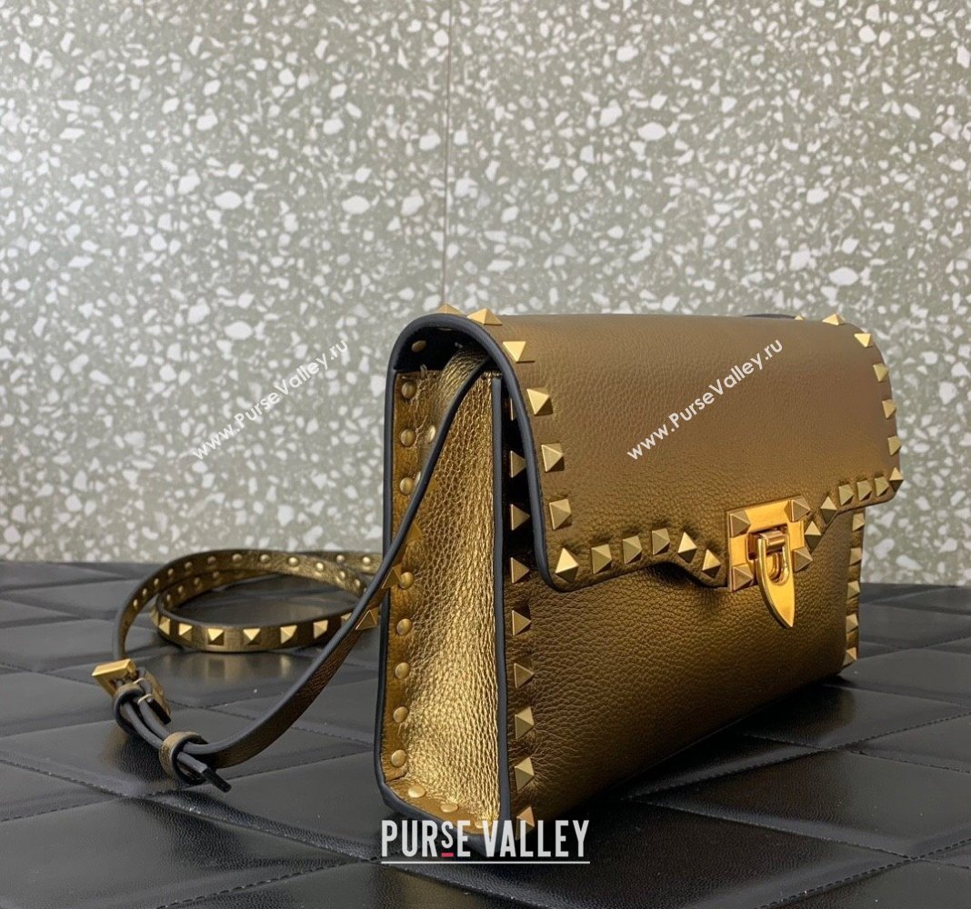 Valentino Small Rockstud Metallic Grainy Calfskin Crossbody bag Gold 2024 VLTN0322 (LN-240119053)