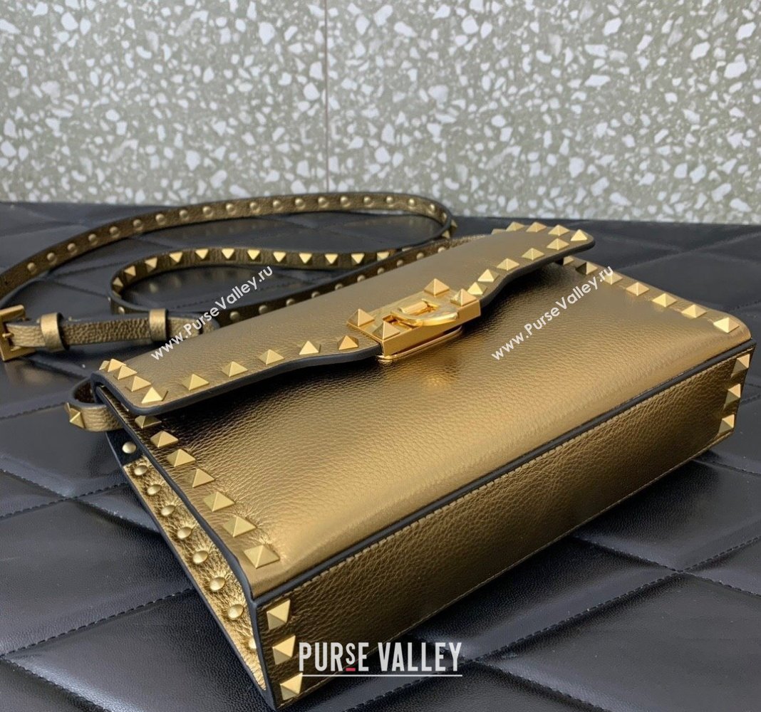 Valentino Small Rockstud Metallic Grainy Calfskin Crossbody bag Gold 2024 VLTN0322 (LN-240119053)