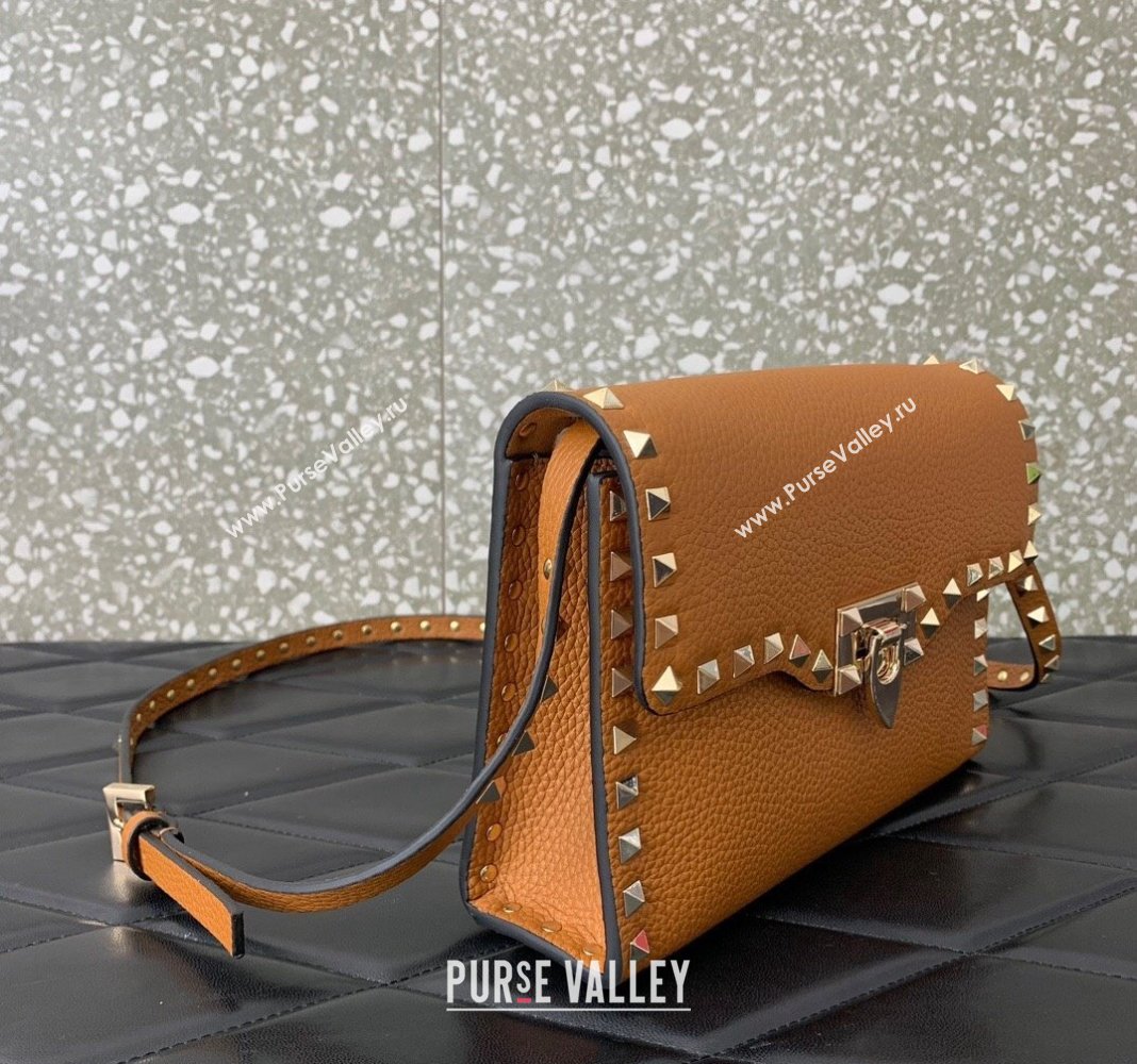 Valentino Small Rockstud Grainy Calfskin Crossbody bag Golden Brown 2024 VLTN0322 (LN-240119058)