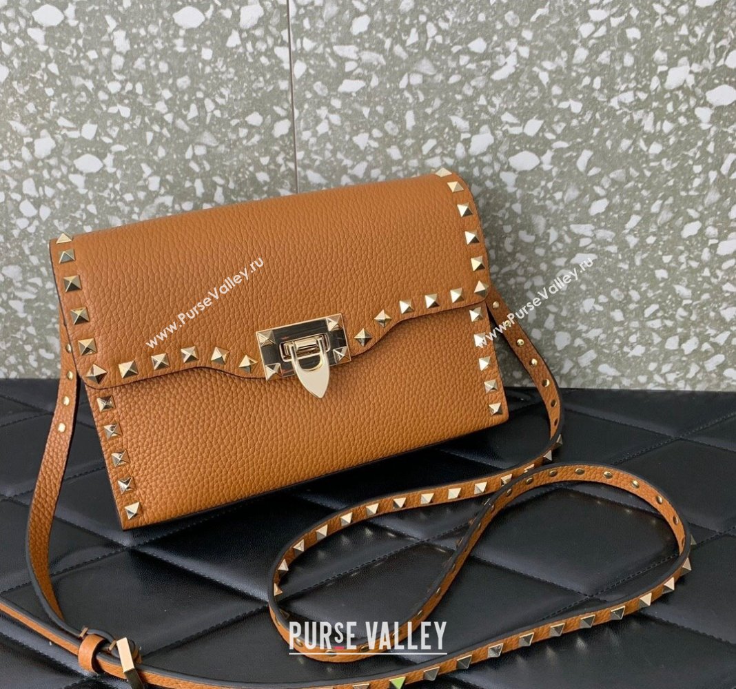 Valentino Small Rockstud Grainy Calfskin Crossbody bag Golden Brown 2024 VLTN0322 (LN-240119058)