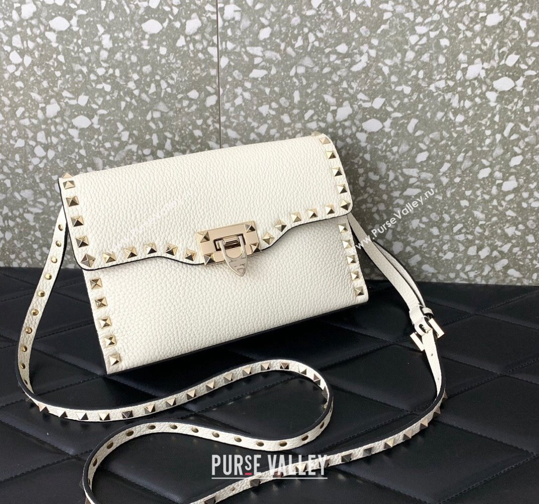 Valentino Small Rockstud Grainy Calfskin Crossbody bag White 2024 VLTN0322 (LN-240119059)