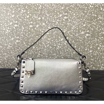 Valentino Small Rockstud Crossbody Bag in Metallic Grainy Calfskin Silver 2024 VLTN0311 (LN-240119071)