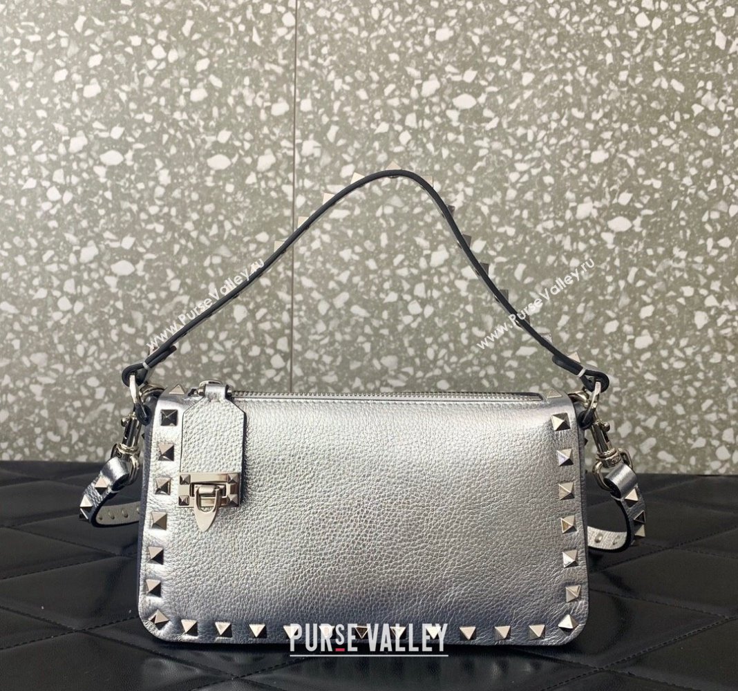 Valentino Small Rockstud Crossbody Bag in Metallic Grainy Calfskin Silver 2024 VLTN0311 (LN-240119071)