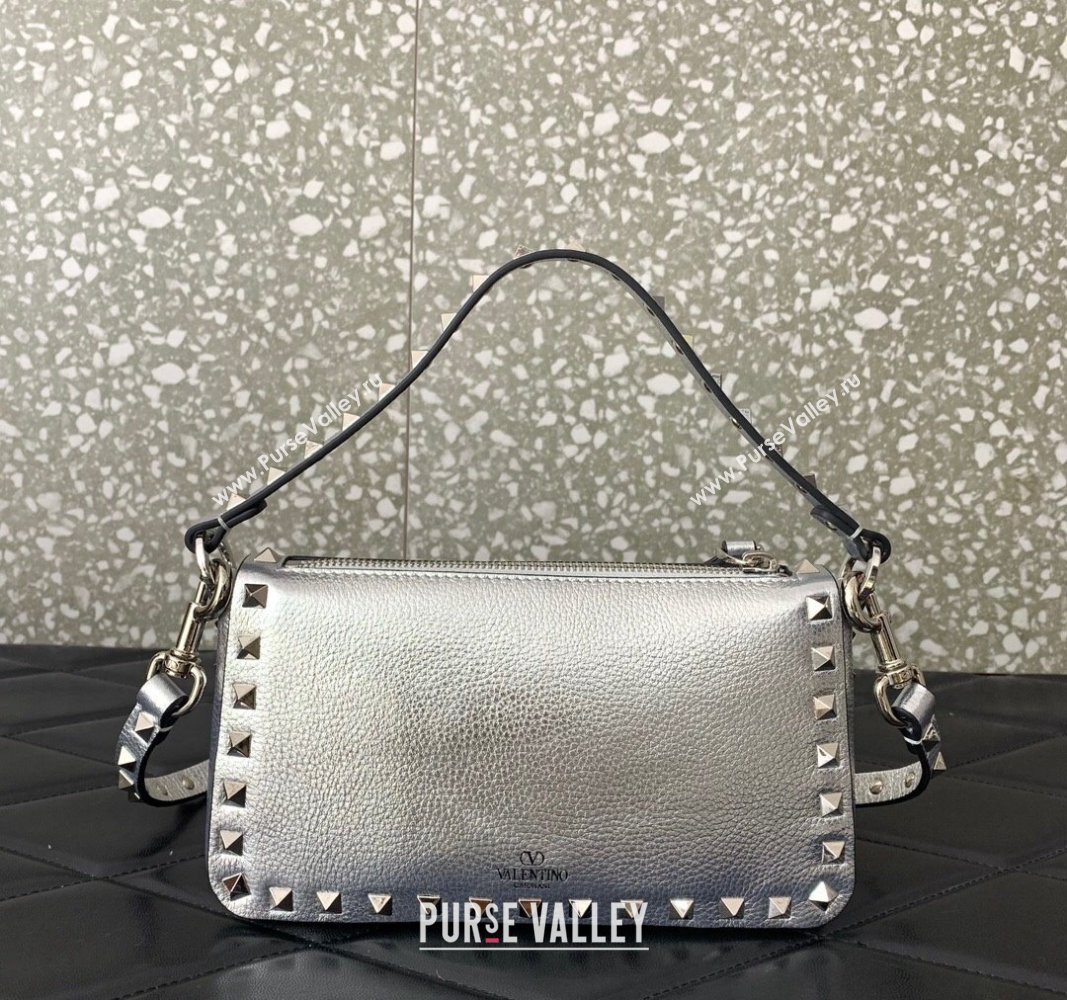 Valentino Small Rockstud Crossbody Bag in Metallic Grainy Calfskin Silver 2024 VLTN0311 (LN-240119071)