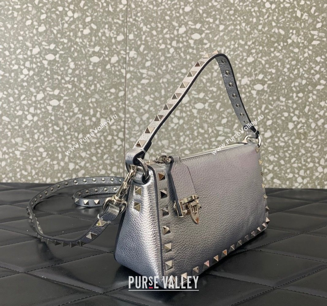 Valentino Small Rockstud Crossbody Bag in Metallic Grainy Calfskin Silver 2024 VLTN0311 (LN-240119071)