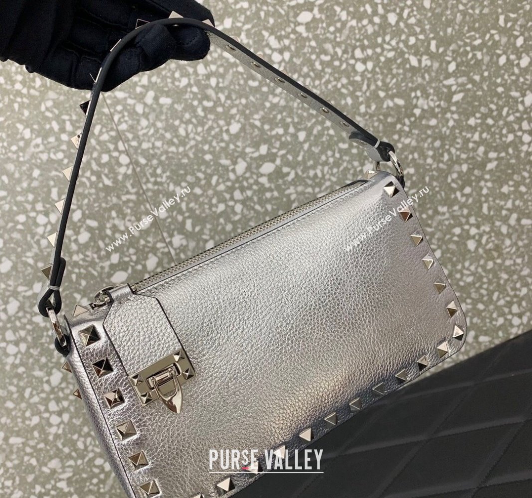 Valentino Small Rockstud Crossbody Bag in Metallic Grainy Calfskin Silver 2024 VLTN0311 (LN-240119071)