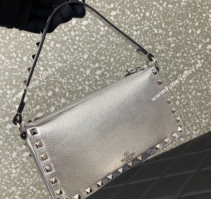 Valentino Small Rockstud Crossbody Bag in Metallic Grainy Calfskin Silver 2024 VLTN0311 (LN-240119071)