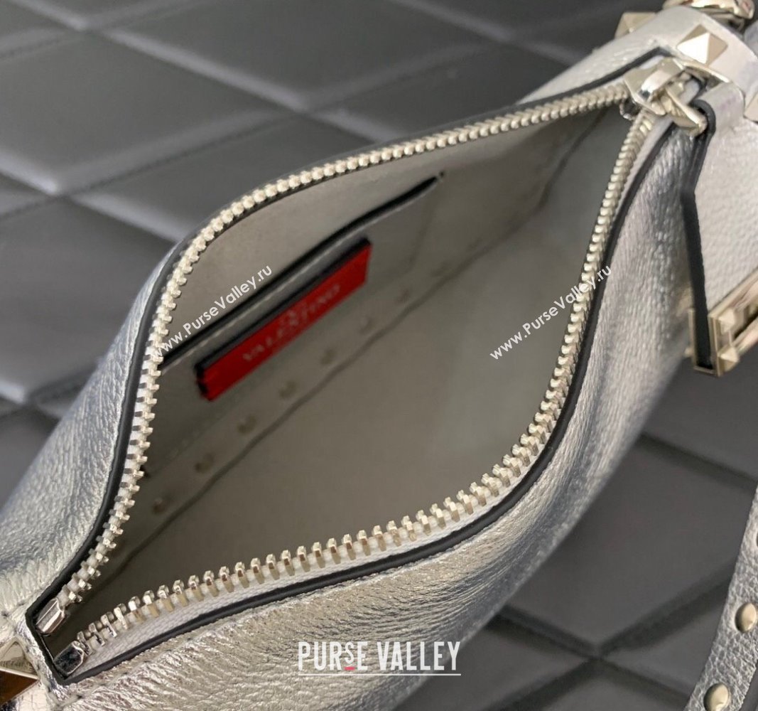 Valentino Small Rockstud Crossbody Bag in Metallic Grainy Calfskin Silver 2024 VLTN0311 (LN-240119071)