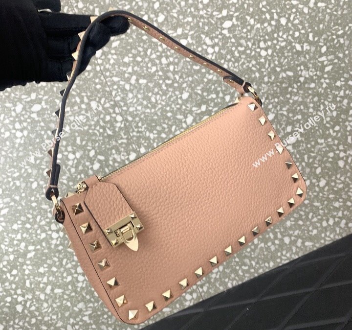 Valentino Small Rockstud Crossbody Bag in Metallic Grainy Calfskin Nude Pink 2024 VLTN0311 (LN-240119072)