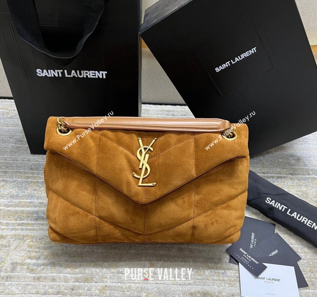 Saint Laurent Loulou Puffer Small Bag in Quilted Suede 577476 Camel Brown 2024 (nana-240118101)