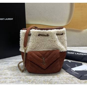 Saint Laurent Joe Mini Bucket Bag in Quilted Suede and Shearling Light Beige/Dark Brown 701631 2024 (nana-240118103)