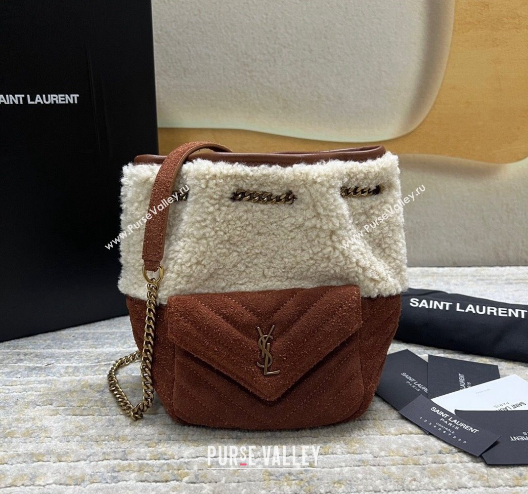 Saint Laurent Joe Mini Bucket Bag in Quilted Suede and Shearling Light Beige/Dark Brown 701631 2024 (nana-240118103)