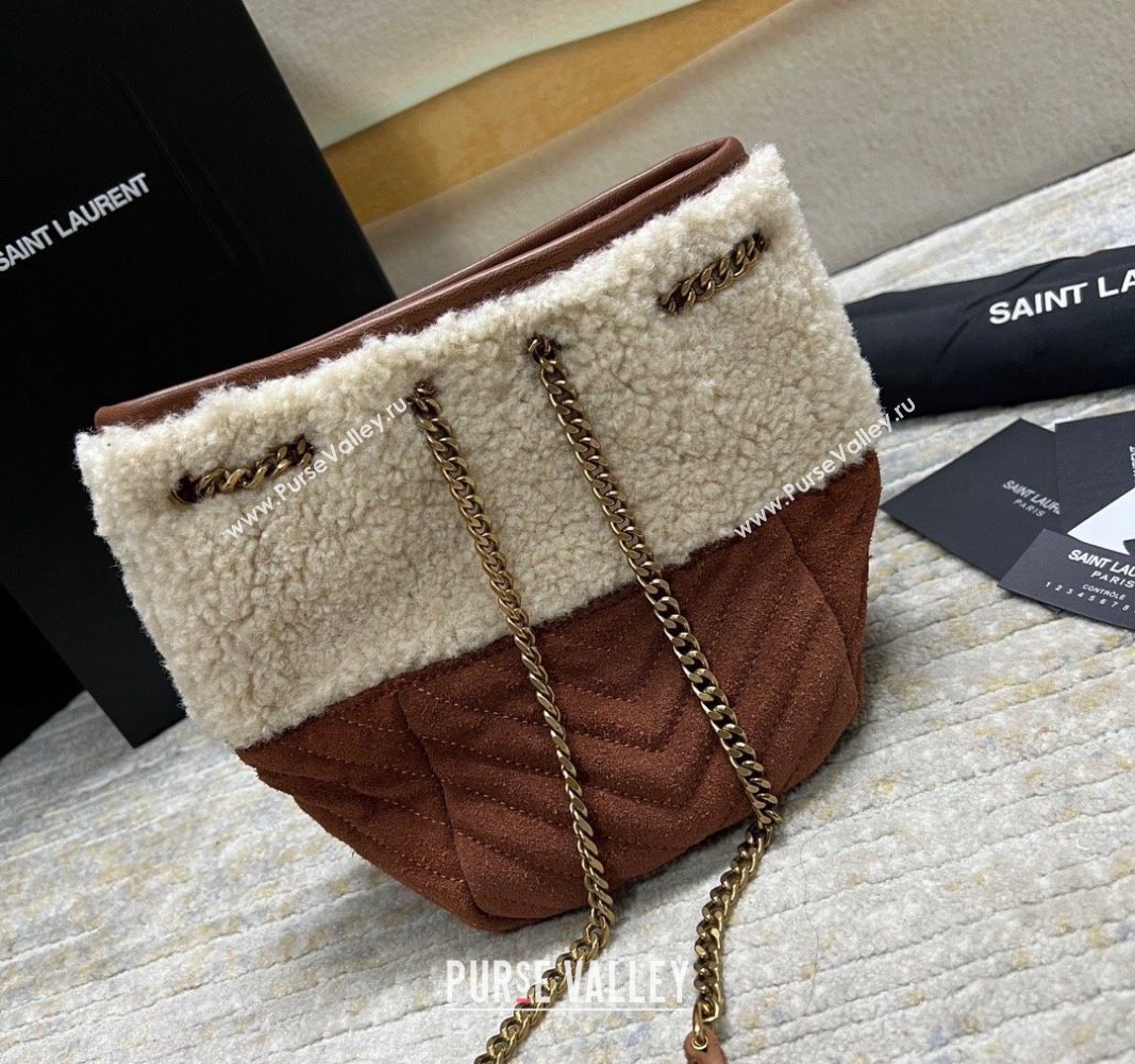 Saint Laurent Joe Mini Bucket Bag in Quilted Suede and Shearling Light Beige/Dark Brown 701631 2024 (nana-240118103)