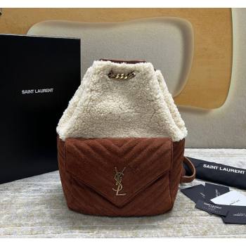 Saint Laurent Joe Backpack Bag in Quilted Suede and Shearling Light Beige/Dark Brown 672609 2024 (nana-240118104)