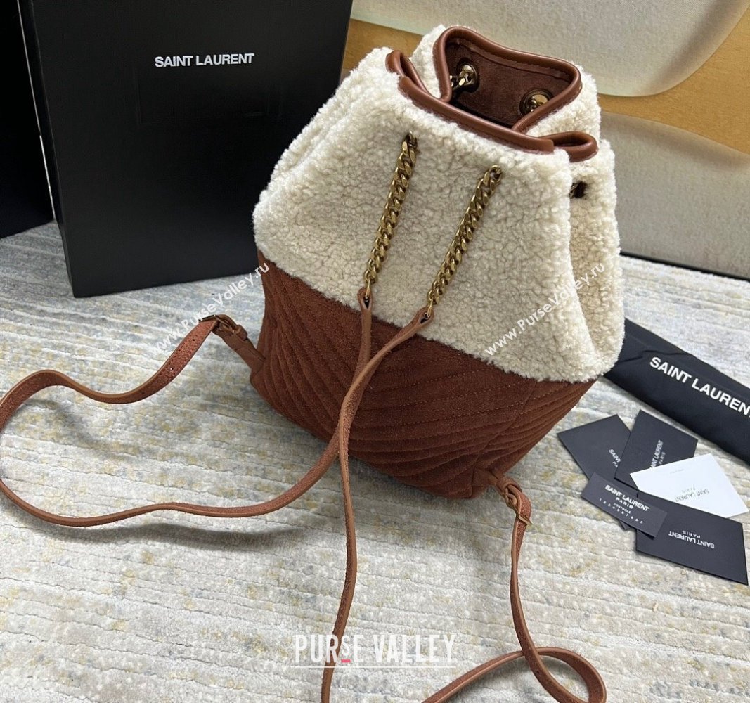 Saint Laurent Joe Backpack Bag in Quilted Suede and Shearling Light Beige/Dark Brown 672609 2024 (nana-240118104)