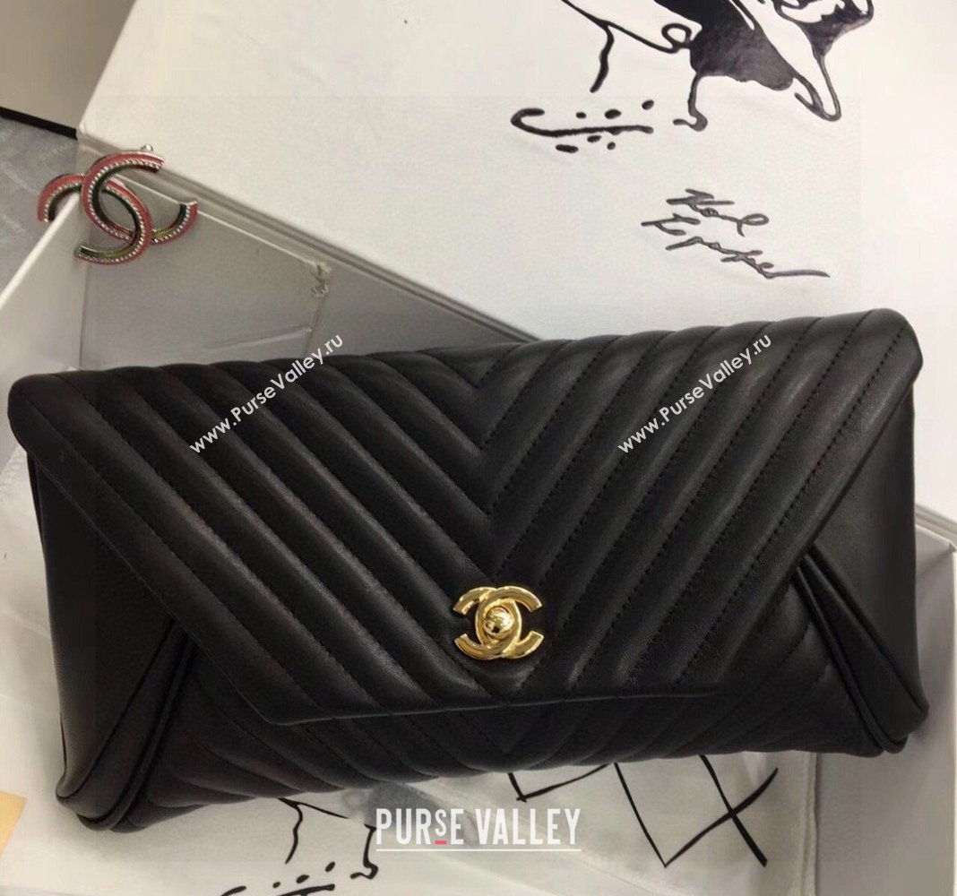 Chanel Chevron Lambskin Clutch Black/Gold 2024 9855 (YY-240119073)