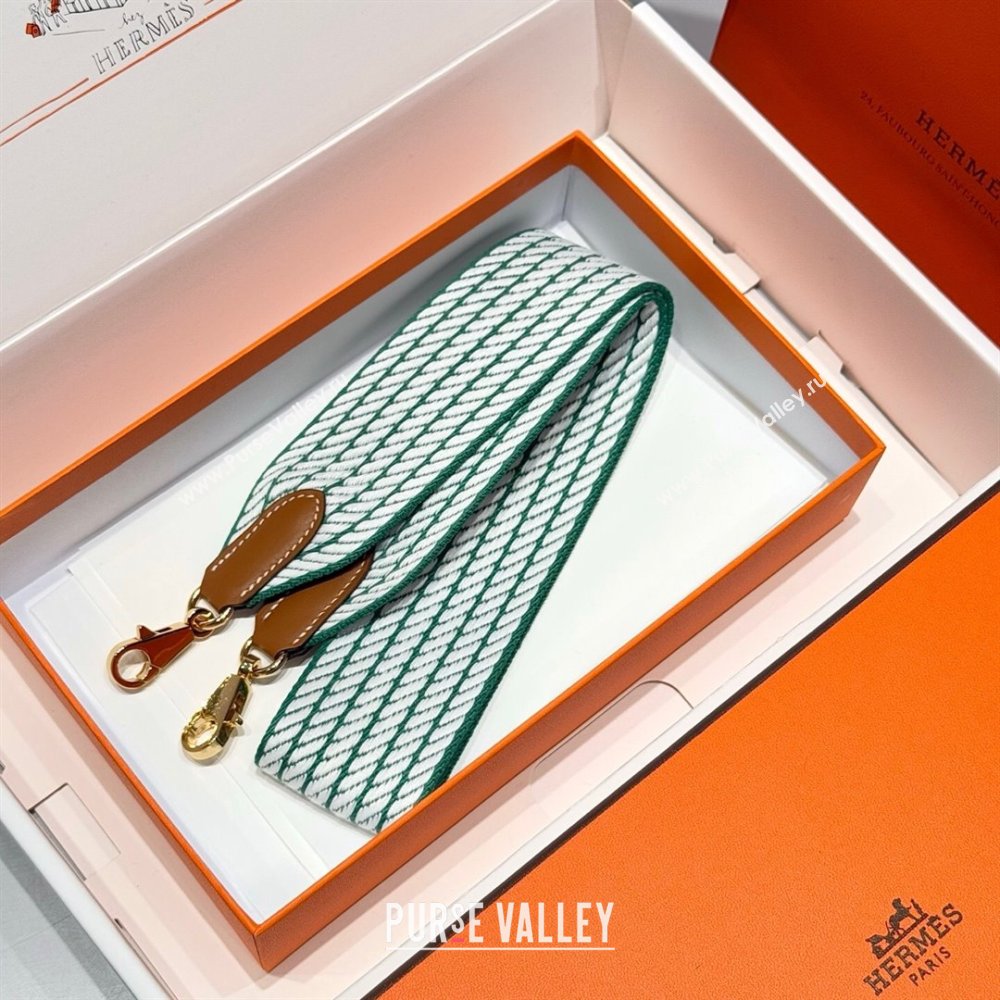 Hermes Canvas Bag Strap 5x85cm Green/White/Gold 2025 (FL-250701041)